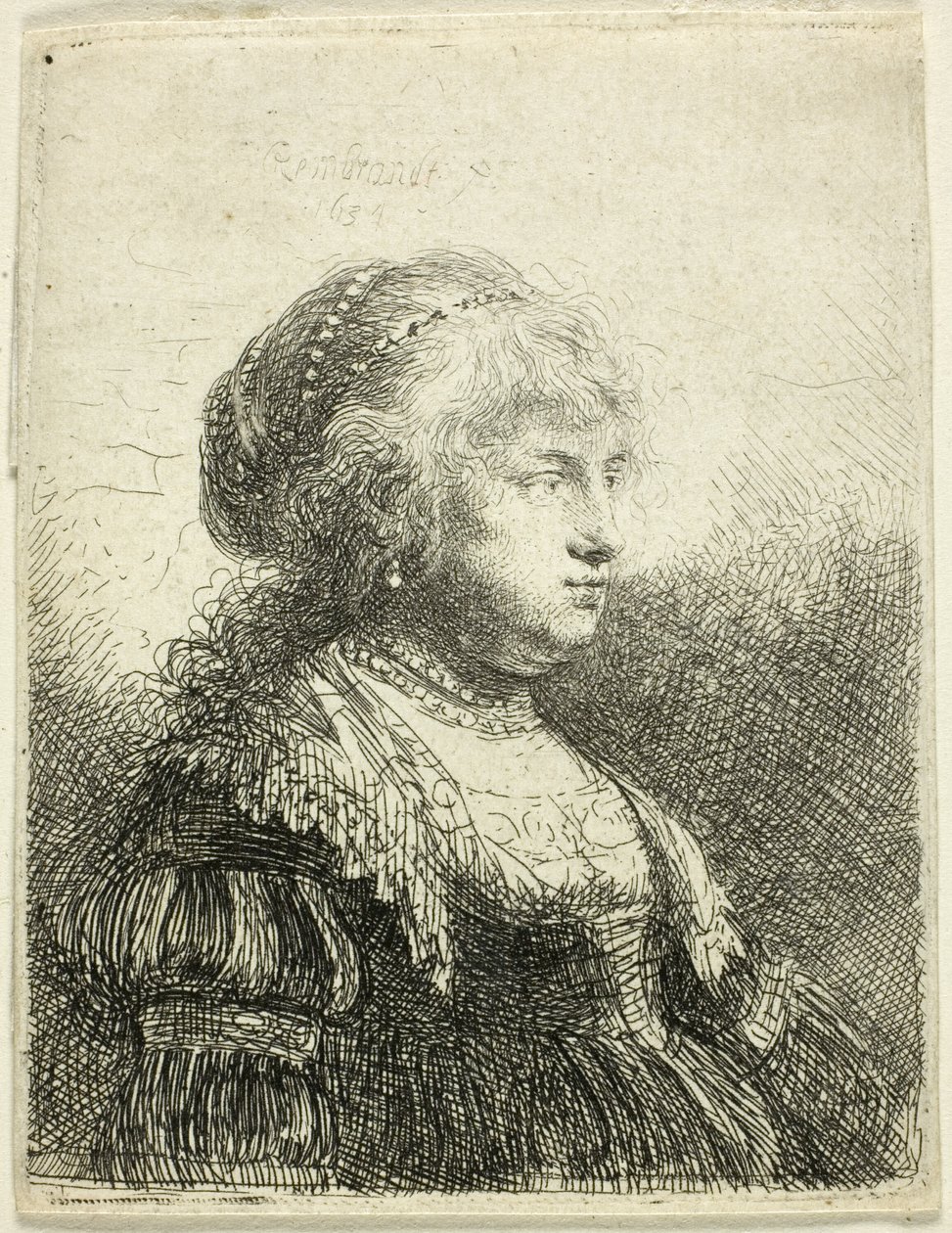 Saskia med pärlor i håret av Rembrandt van Rijn