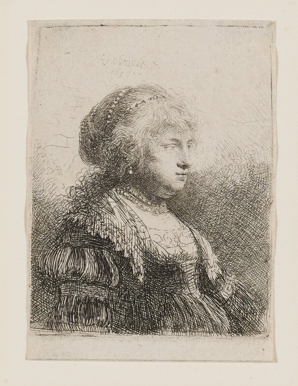 Saskia med pärlor i håret av Rembrandt van Rijn