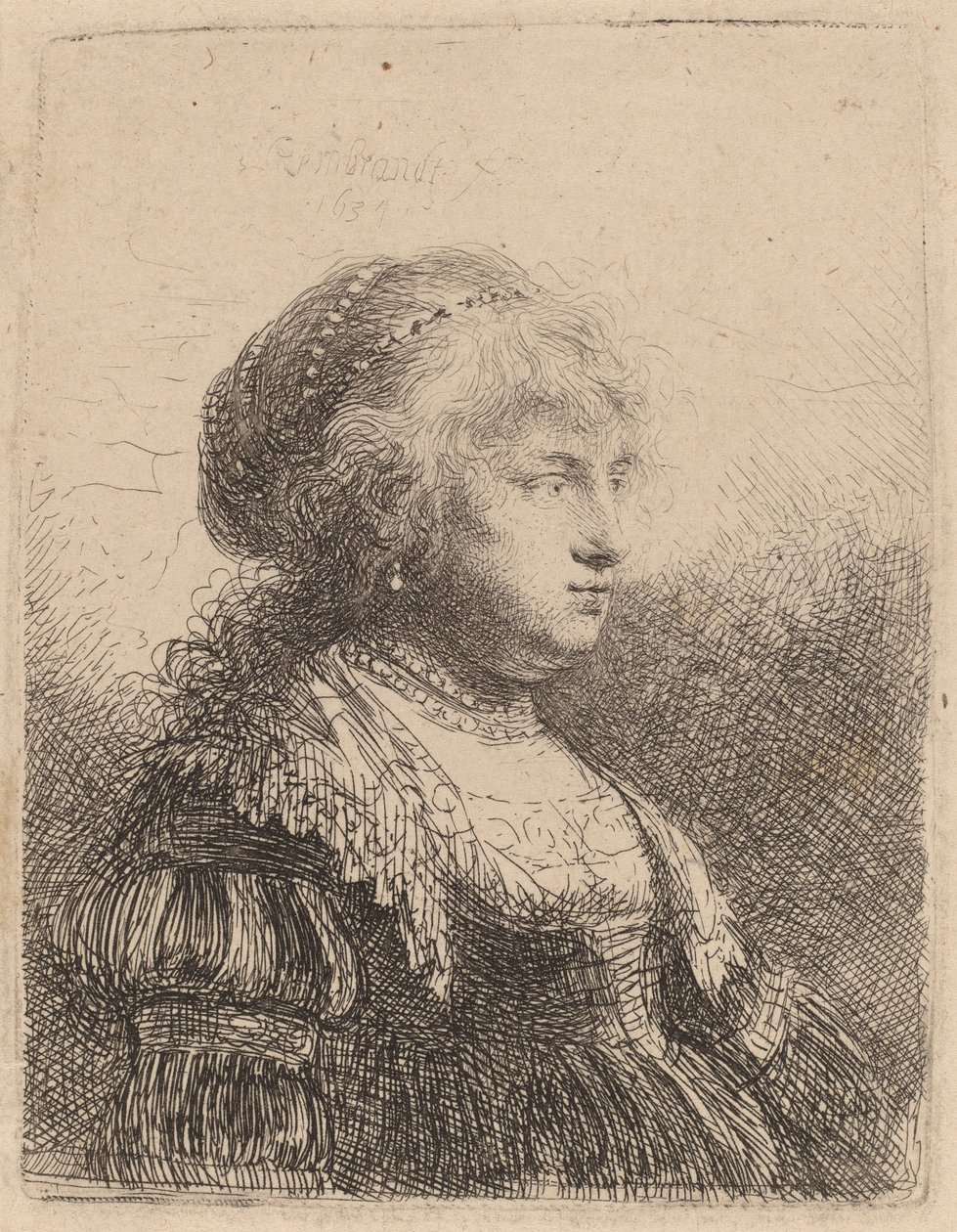 Saskia med pärlor i håret, 1634 av Rembrandt van Rijn
