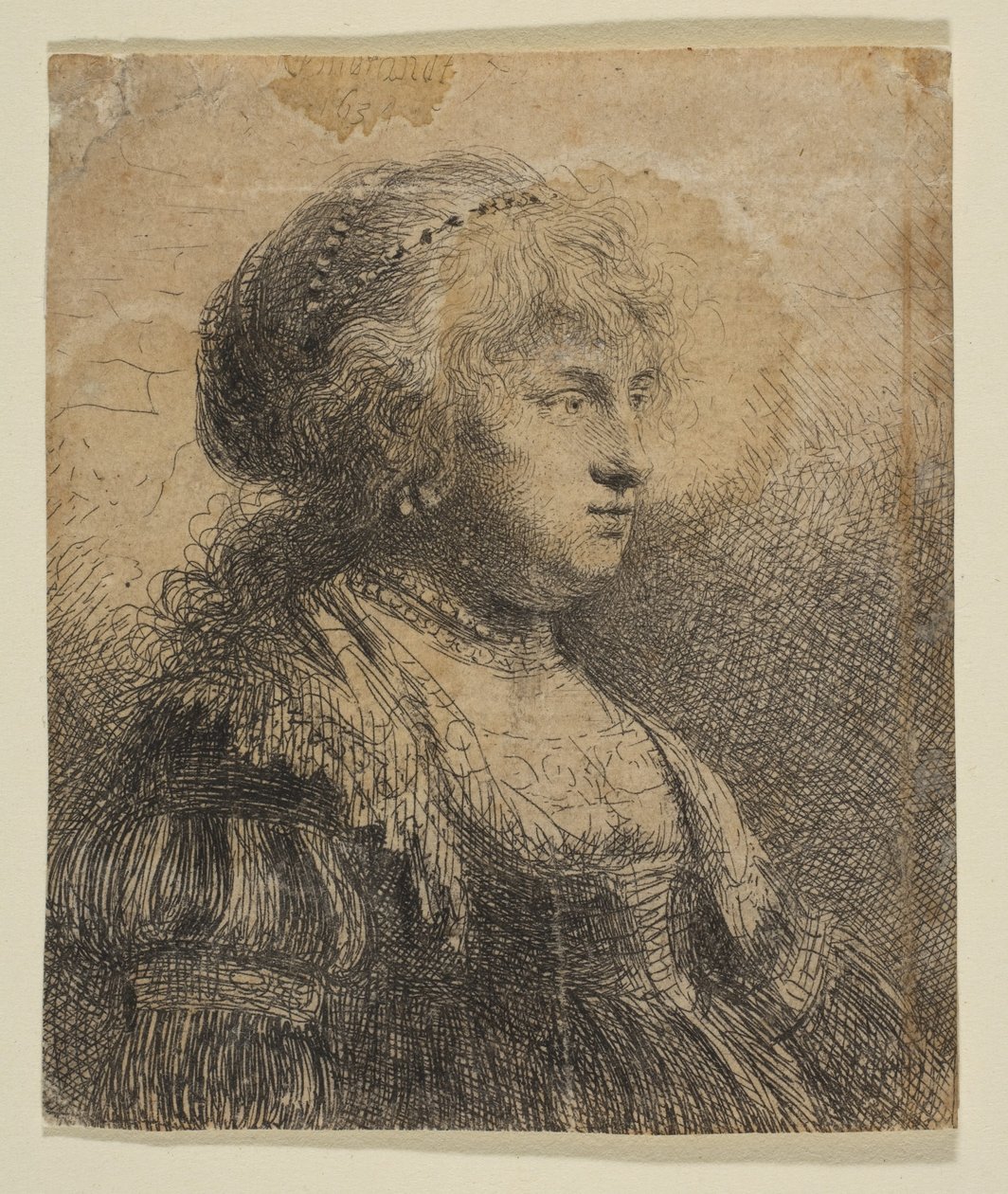 Saskia med pärlor i håret, 1634. av Rembrandt van Rijn