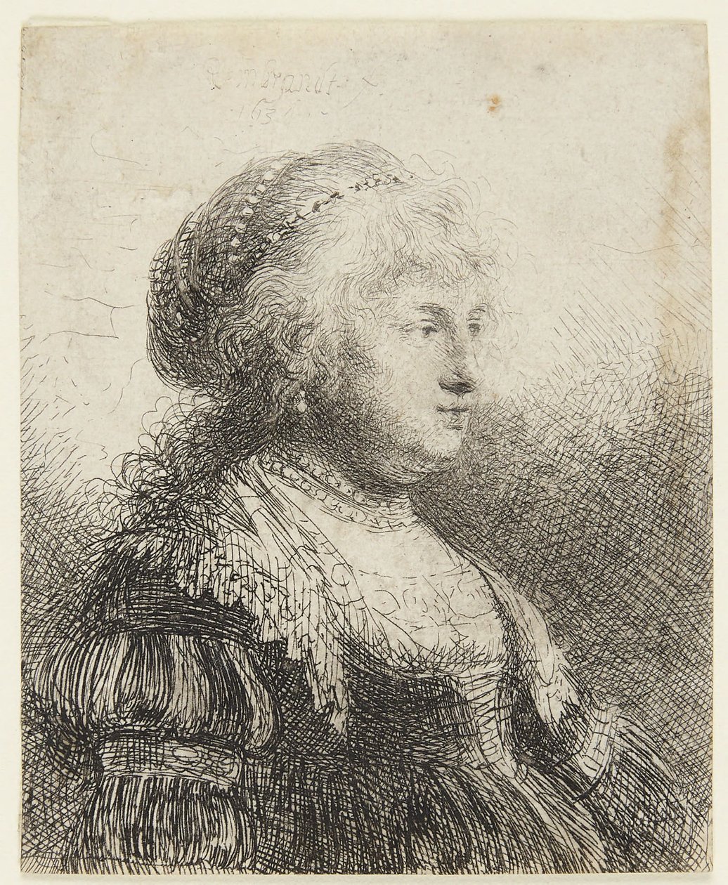 Saskia med pärlor i håret av Rembrandt van Rijn