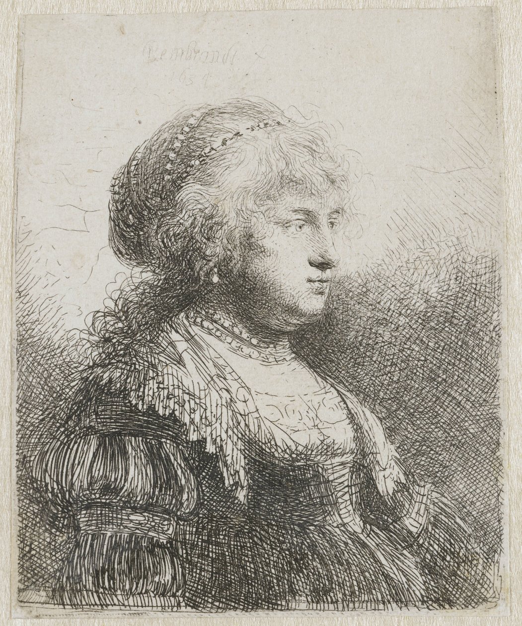 Saskia med pärlor i håret av Rembrandt van Rijn