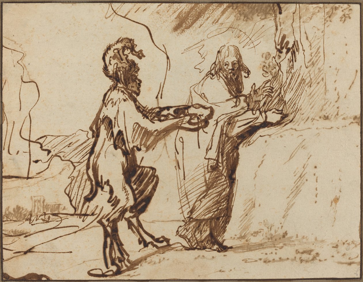 Satan frestar Kristus att förvandla stenar till bröd av Rembrandt van Rijn