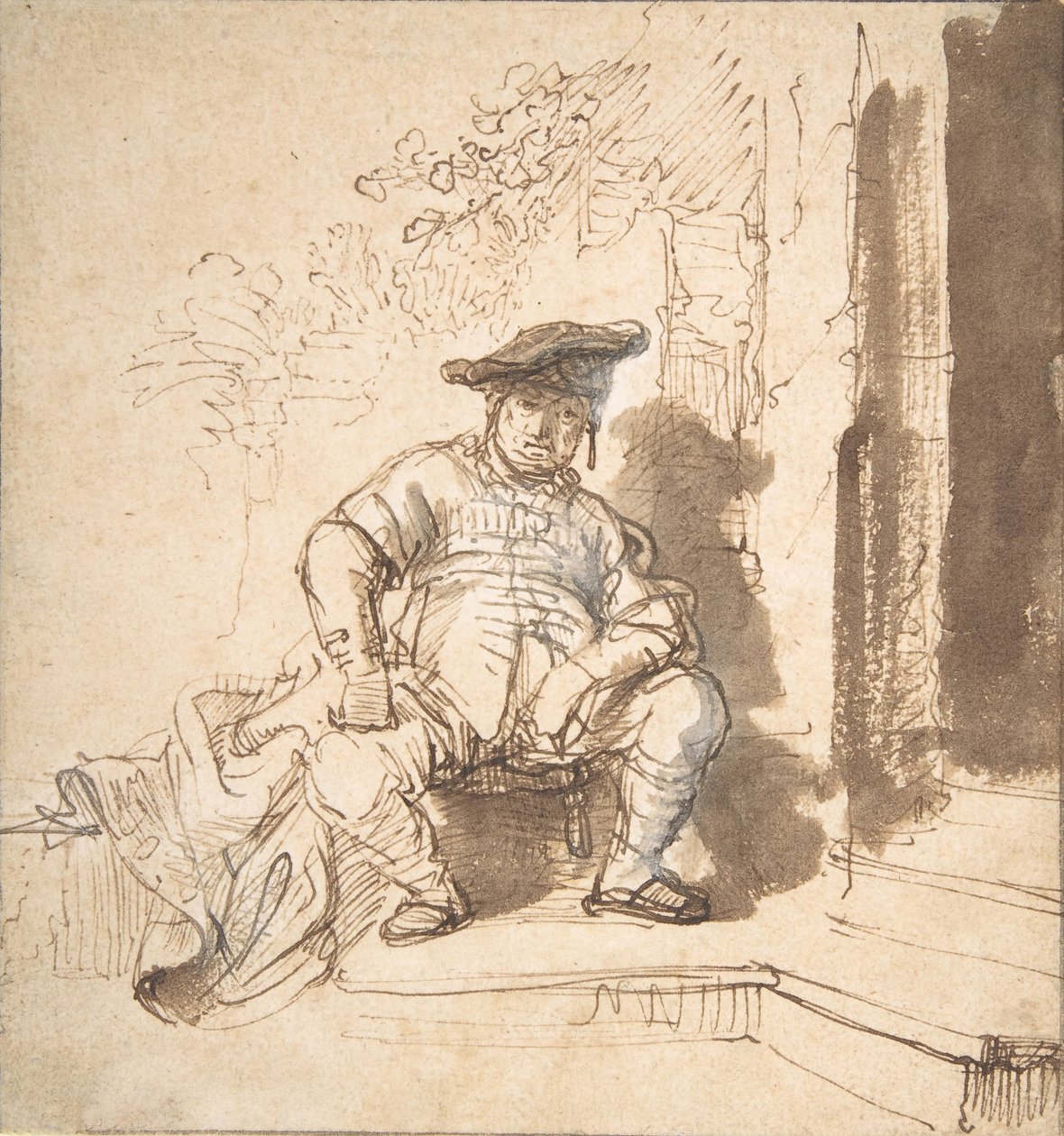 Sittande man med platt mössa, 1635-40. av Rembrandt van Rijn