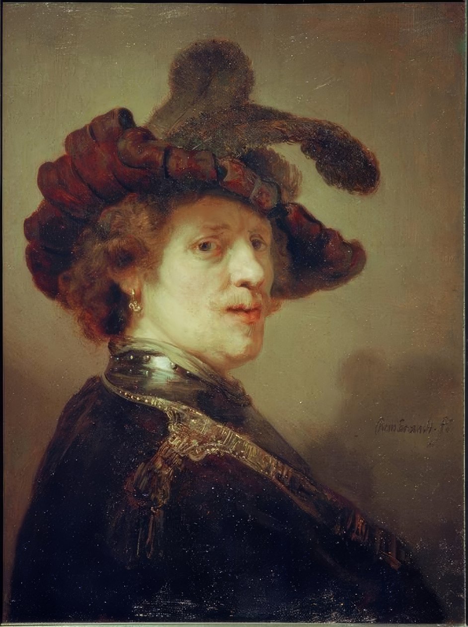 Självporträtt med fjäderhatt av Rembrandt van Rijn