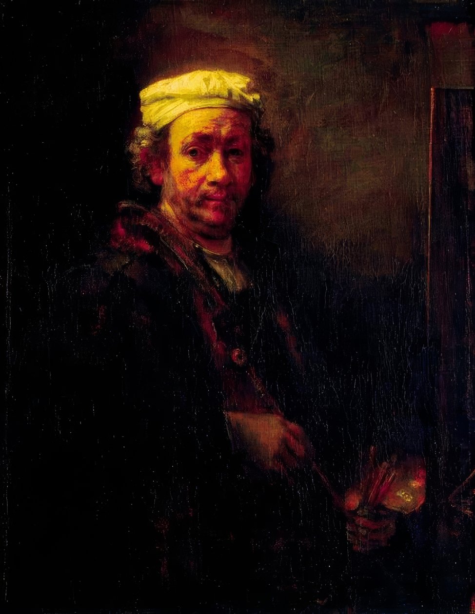 Självporträtt framför staffliet av Rembrandt van Rijn