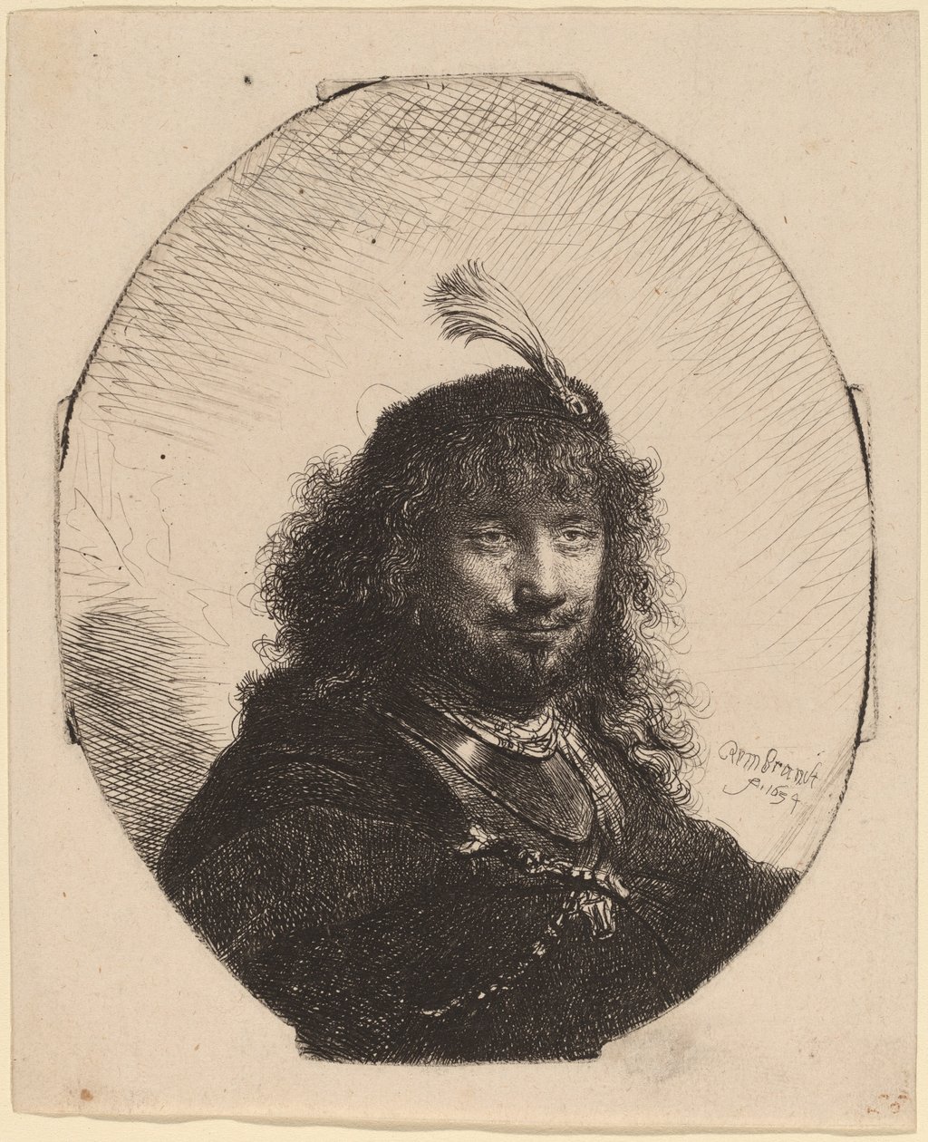 Självporträtt (?) med plymmössa och sänkt sabel av Rembrandt van Rijn