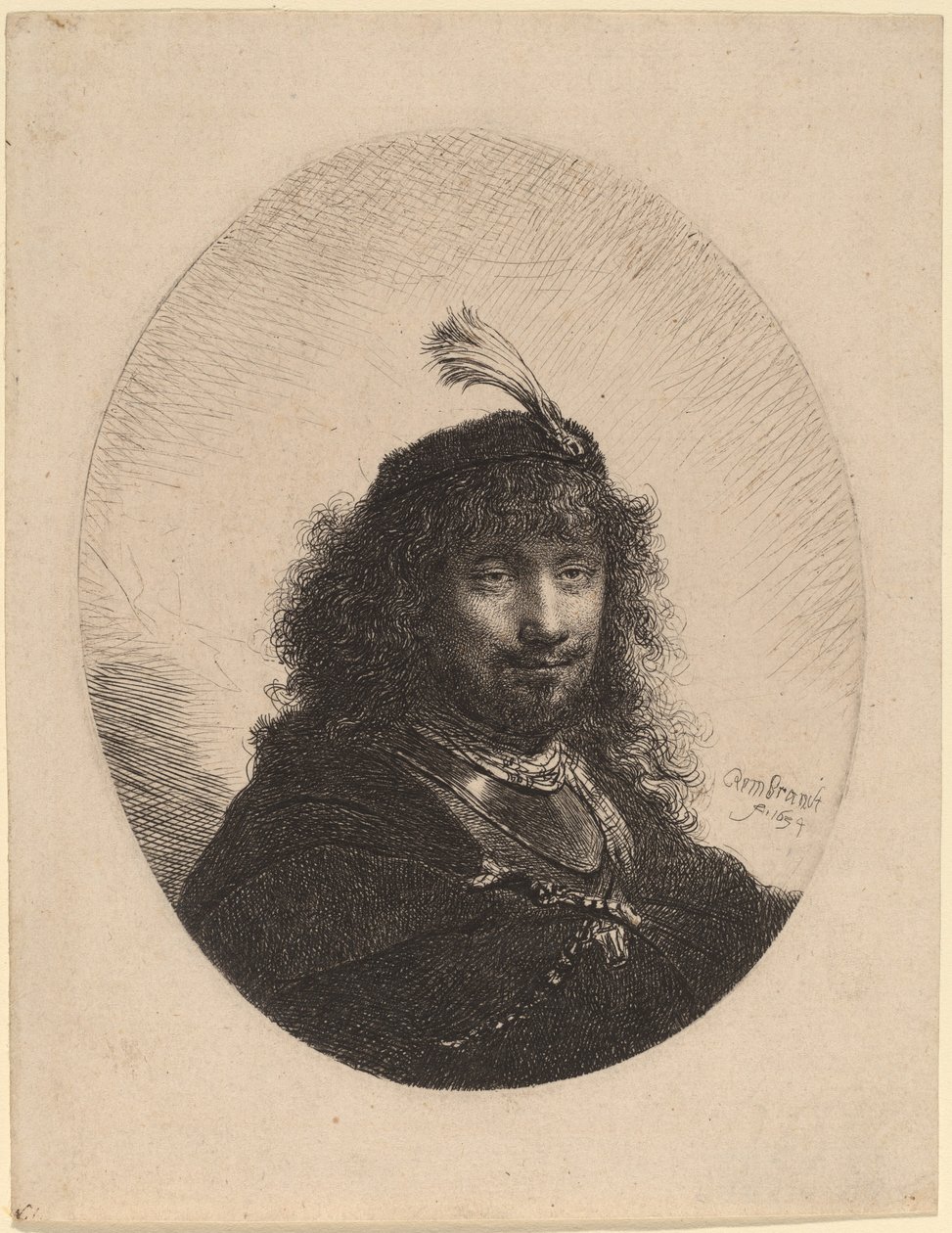 Självporträtt (?) med plymmössa och sänkt sabel av Rembrandt van Rijn