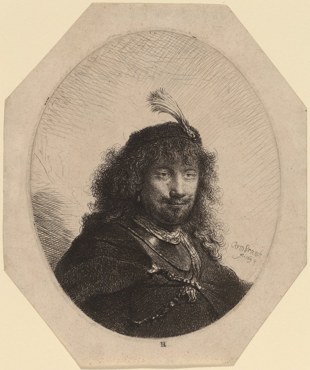 Självporträtt (?) med plymmössa och sänkt sabel av Rembrandt van Rijn