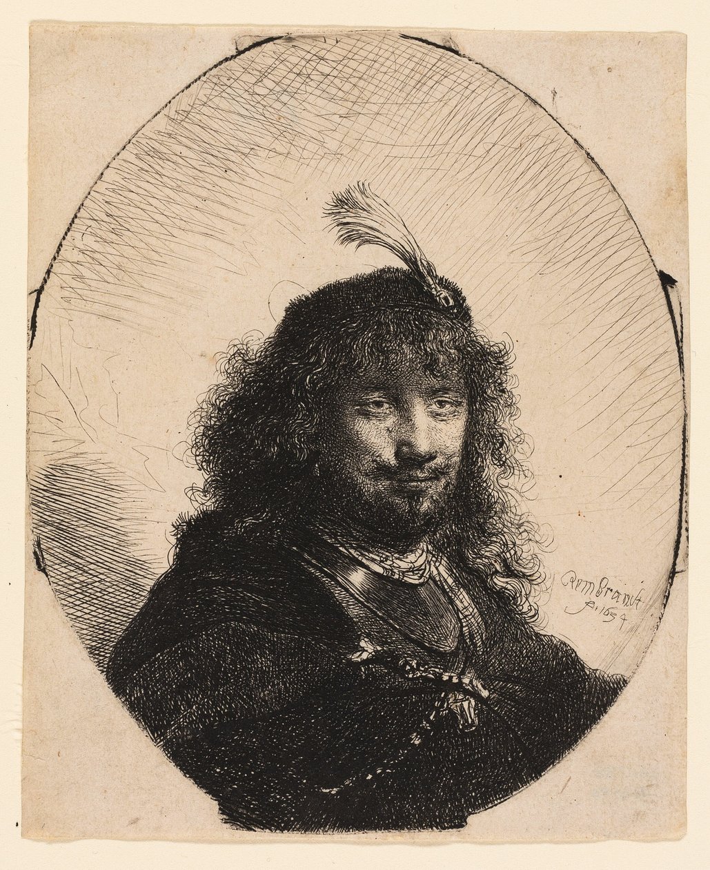 Självporträtt (?) med plymmössa och sänkt sabel av Rembrandt van Rijn