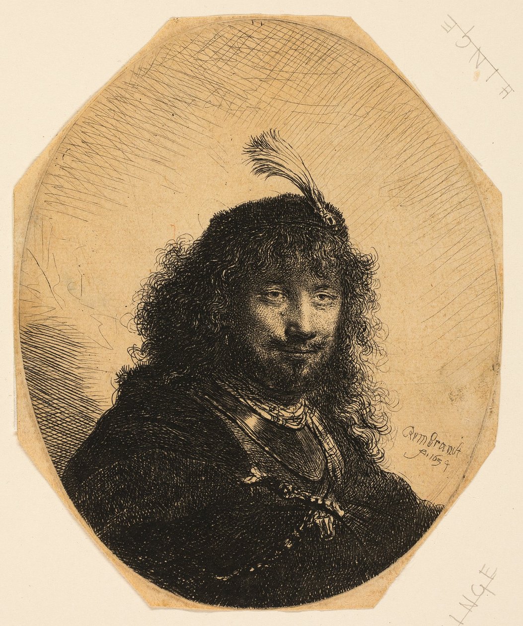 Självporträtt (?) med plymmössa och sänkt sabel av Rembrandt van Rijn