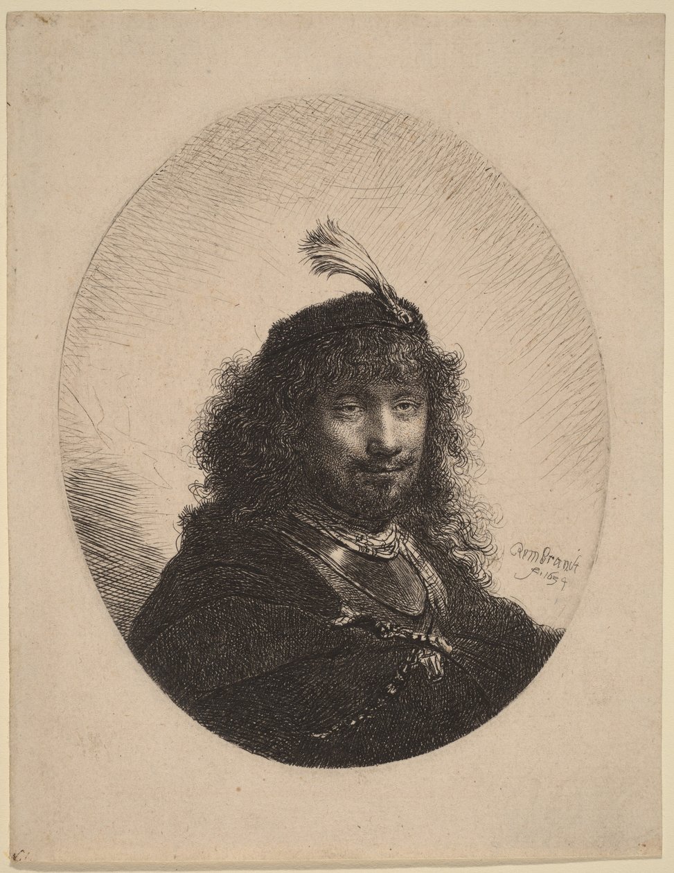Självporträtt () med fjäderprydd mössa och nedsänkt sabel av Rembrandt van Rijn