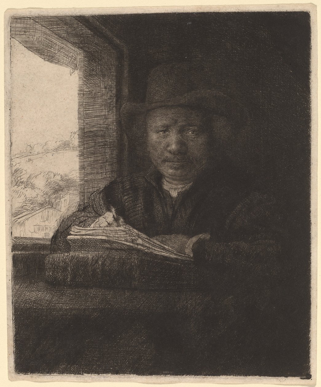 Självporträttteckning vid ett fönster av Rembrandt van Rijn