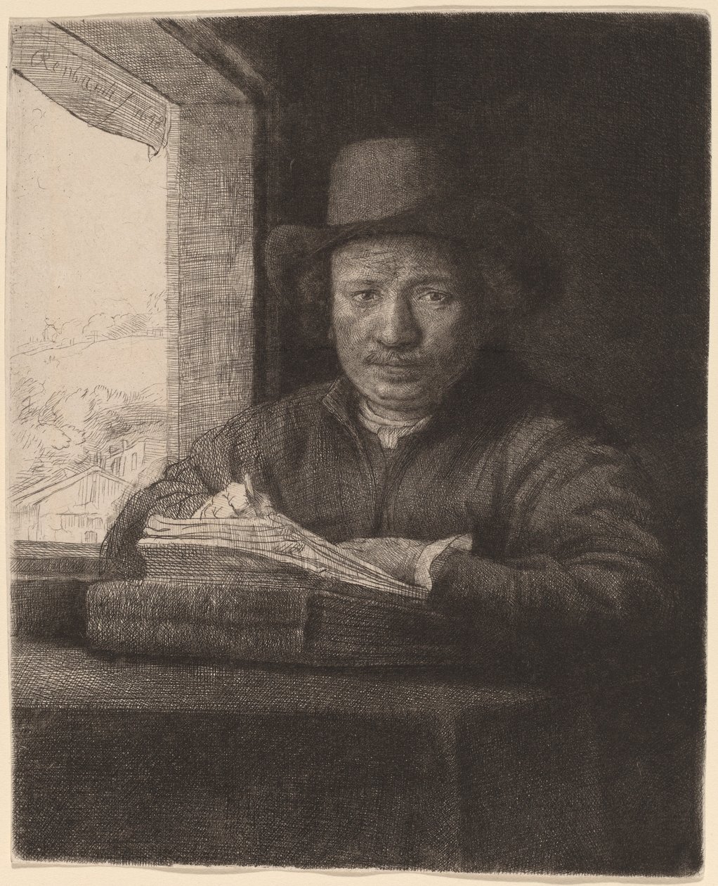 Självporträttteckning vid ett fönster av Rembrandt van Rijn