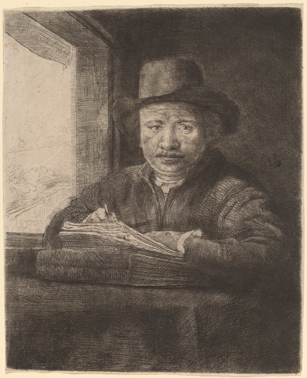 Självporträttteckning vid ett fönster av Rembrandt van Rijn