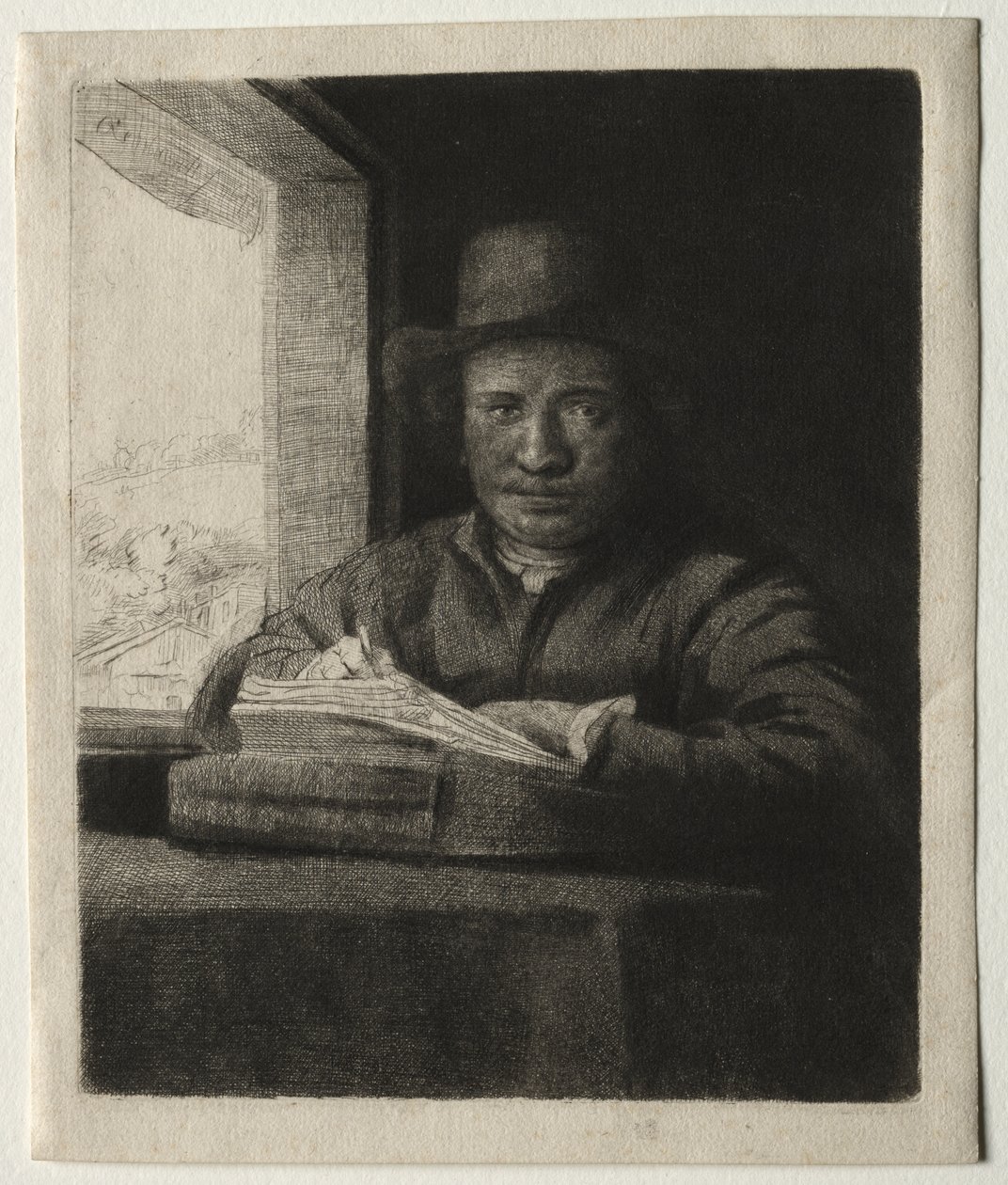 Självporträttteckning vid ett fönster av Rembrandt van Rijn