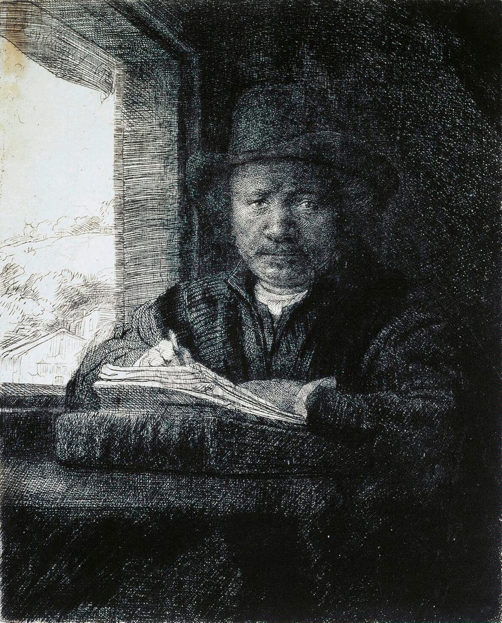 Självporträtt teckning vid ett fönster, 1648. av Rembrandt van Rijn