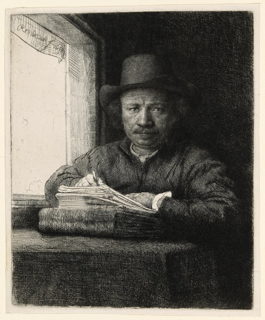 Självporträtt Etsning vid ett fönster av Rembrandt van Rijn