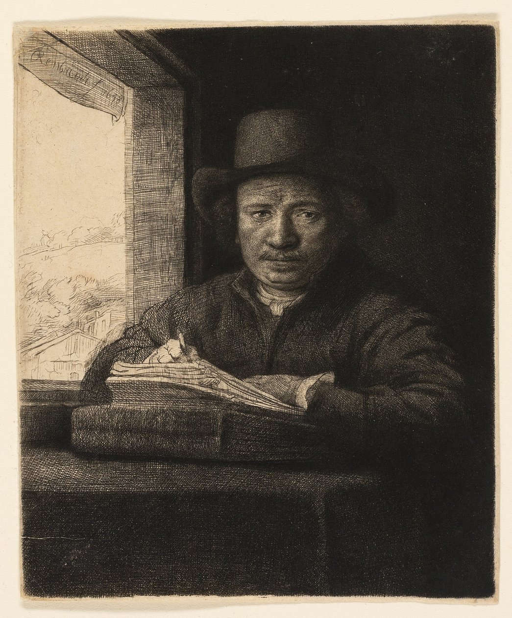 Självporträtt Etsning vid ett fönster av Rembrandt van Rijn