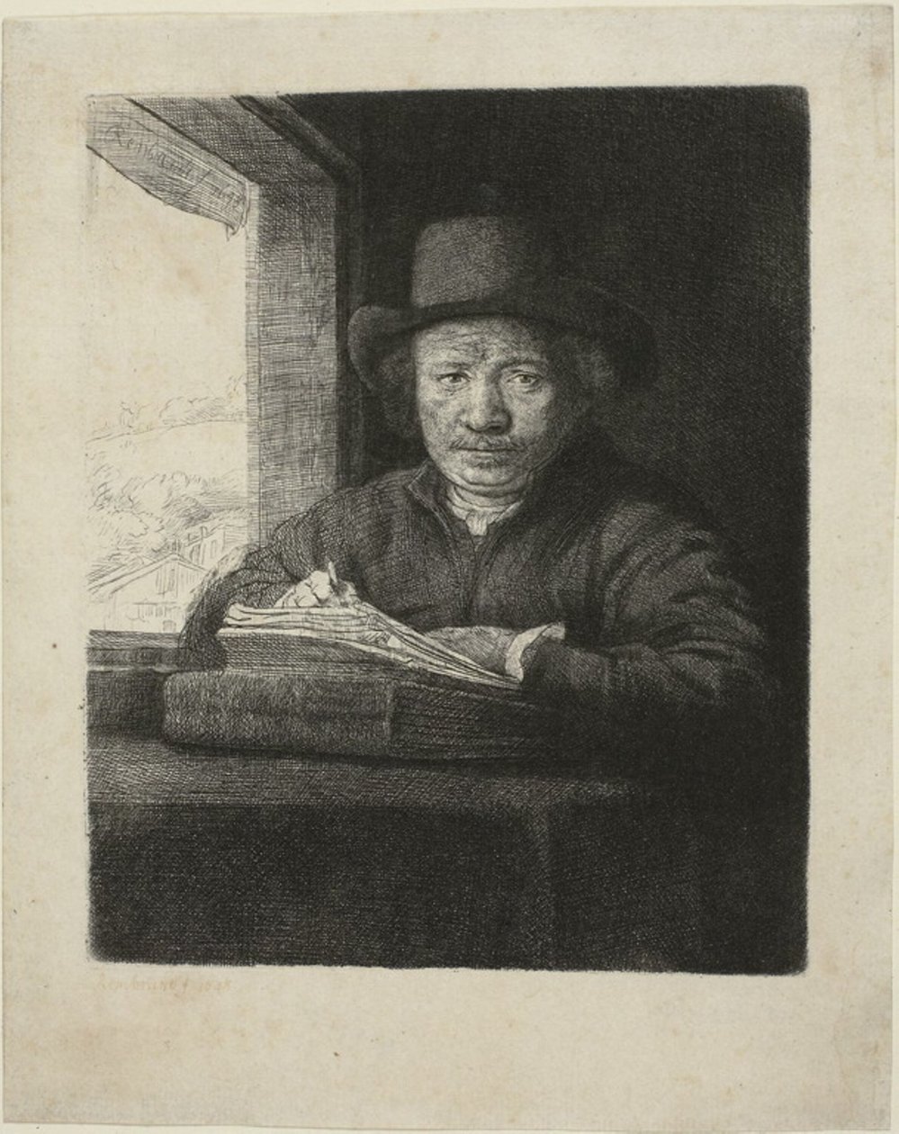 Självporträtt Etsning vid ett fönster av Rembrandt van Rijn