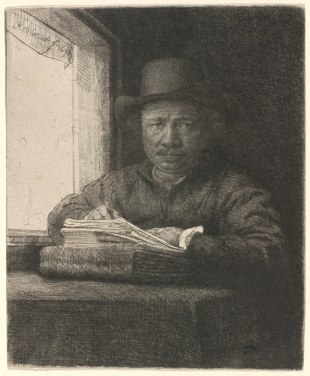 Självporträtt – etsning vid ett fönster av Rembrandt van Rijn