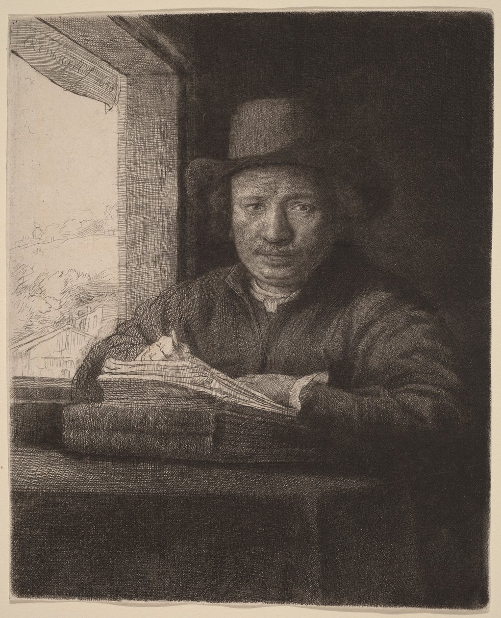Självporträtt – etsning vid ett fönster av Rembrandt van Rijn