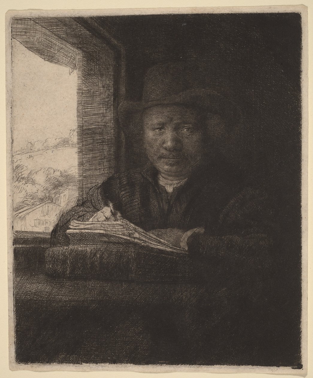 Självporträtt – etsning vid ett fönster av Rembrandt van Rijn