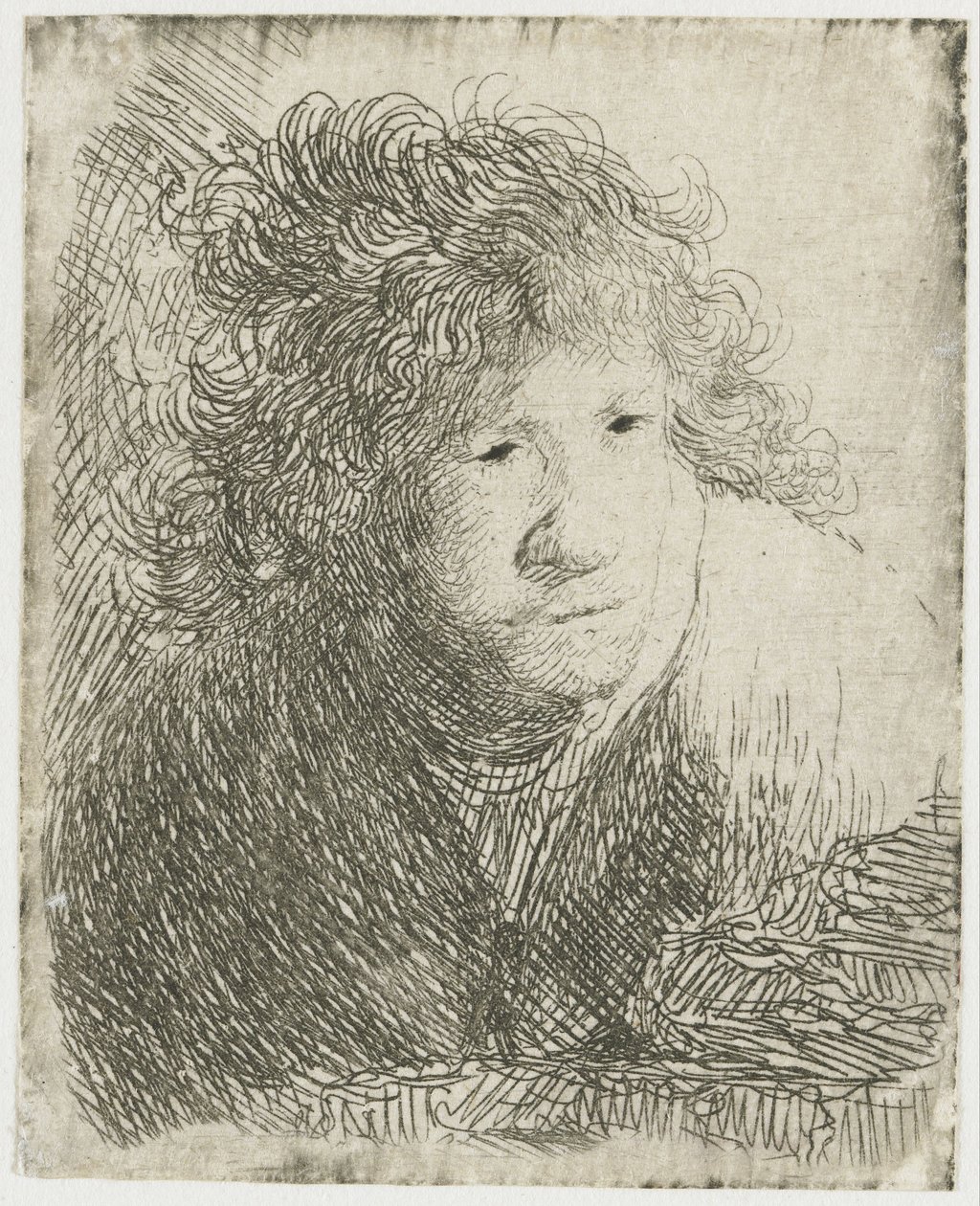 Självporträtt, framåtlutad, lyssnande, 1628. av Rembrandt van Rijn