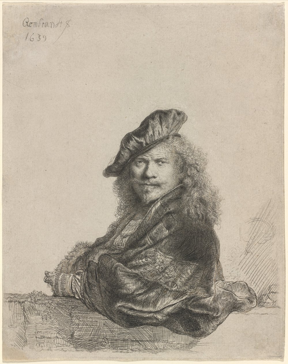 Självporträtt lutad på en stentröskel av Rembrandt van Rijn