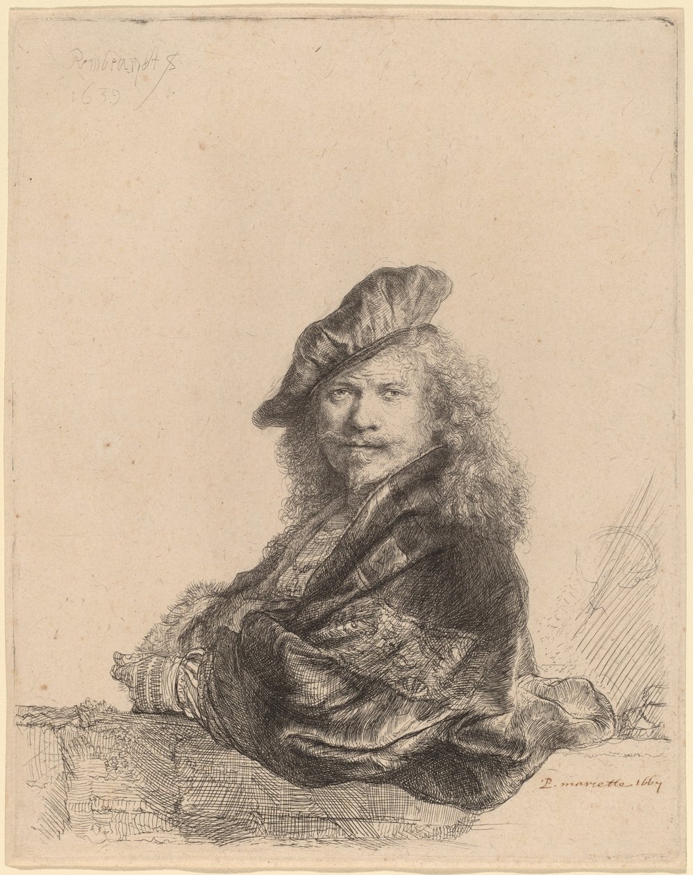 Självporträtt lutad på en stentröskel av Rembrandt van Rijn