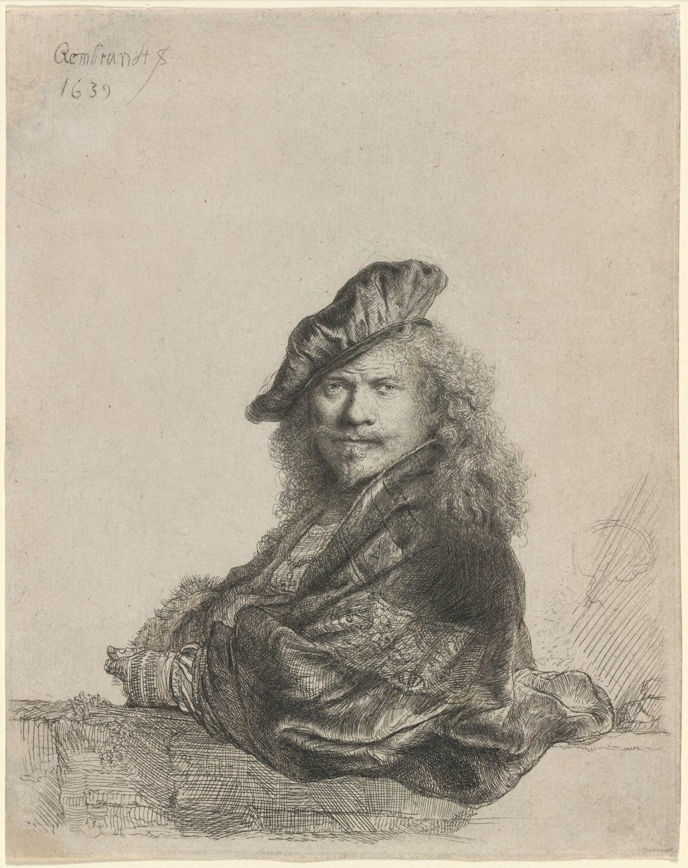 Självporträtt lutad mot en stenfönsterbräda av Rembrandt van Rijn