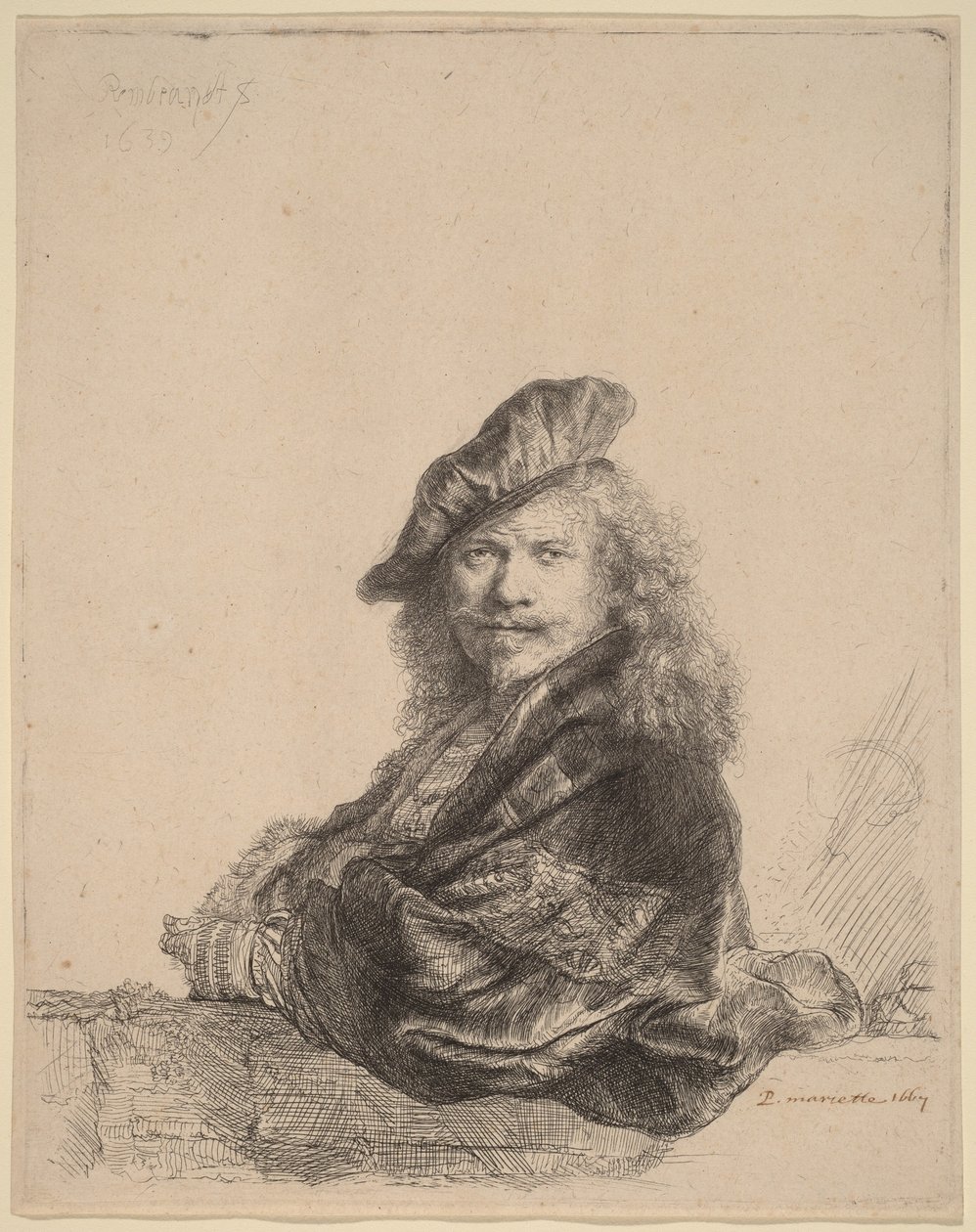 Självporträtt lutad mot en stenfönsterbräda av Rembrandt van Rijn