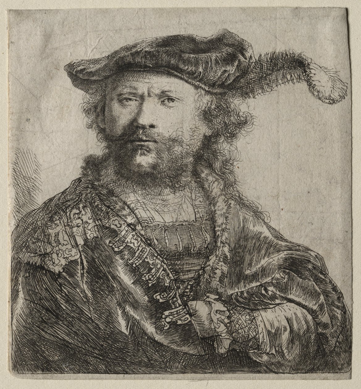 Självporträtt i sammetsmössa med plym av Rembrandt van Rijn