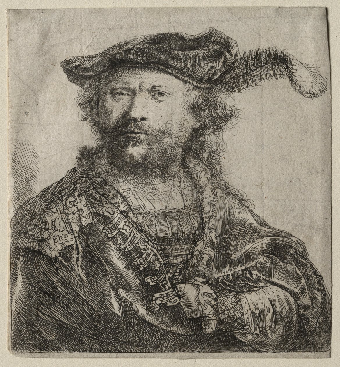 Självporträtt i sammetsmössa med plym, 1638. av Rembrandt van Rijn
