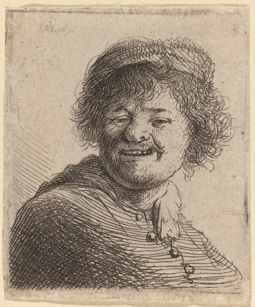 Självporträtt i mössa: Skrattar av Rembrandt van Rijn