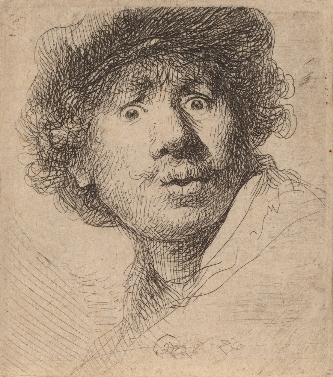 Självporträtt i mössa, öppen mun, 1630. av Rembrandt van Rijn