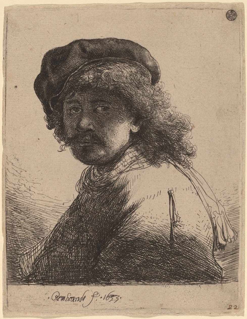 Självporträtt i keps och halsduk med ansiktet mörkt av Rembrandt van Rijn