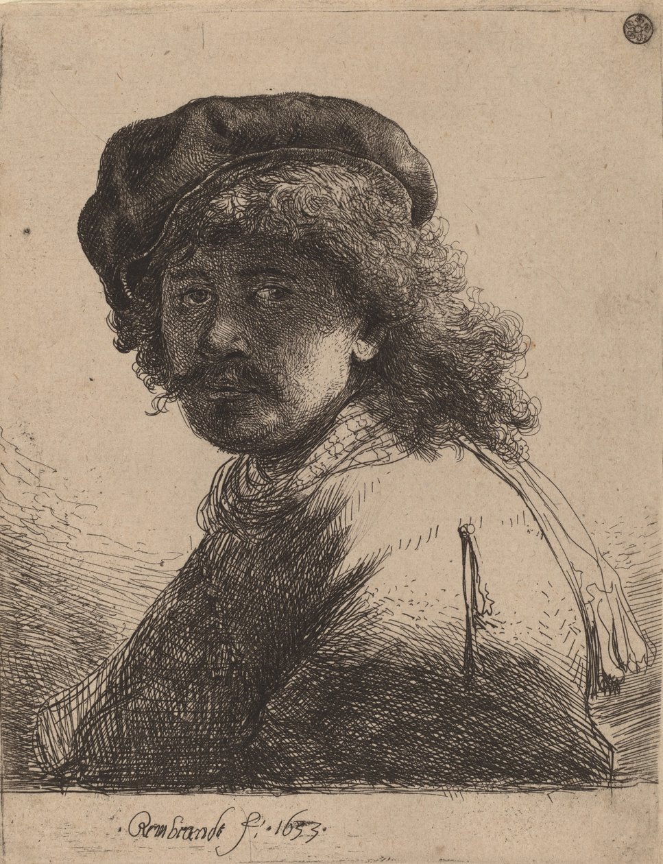 Självporträtt i keps och halsduk med ansiktet mörkt, 1633. av Rembrandt van Rijn
