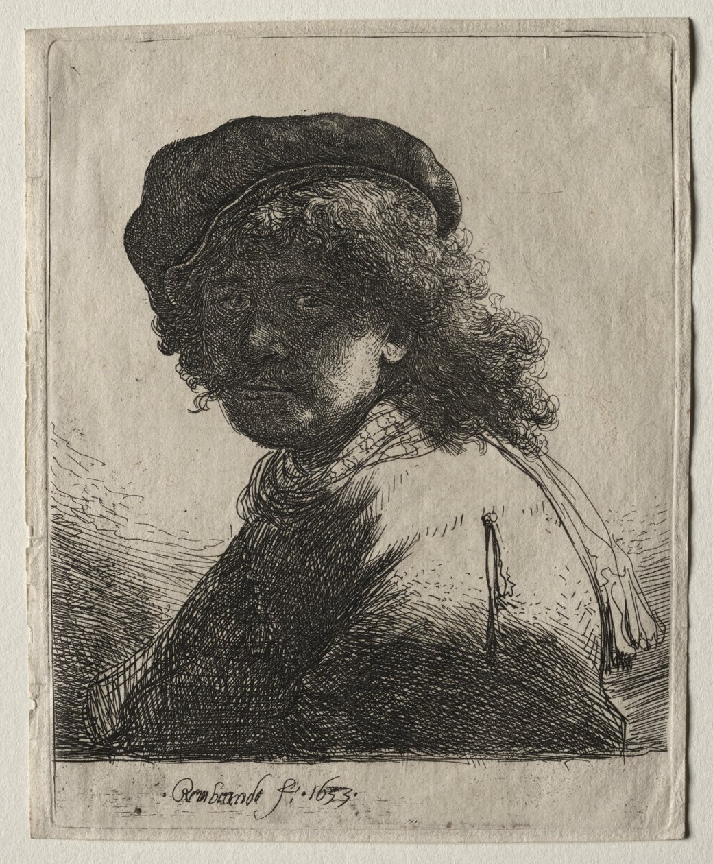 Självporträtt i keps och halsduk med ansiktet mörkt: byst av Rembrandt van Rijn