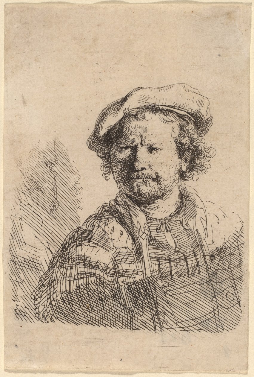 Självporträtt i platt mössa och broderad klänning av Rembrandt van Rijn