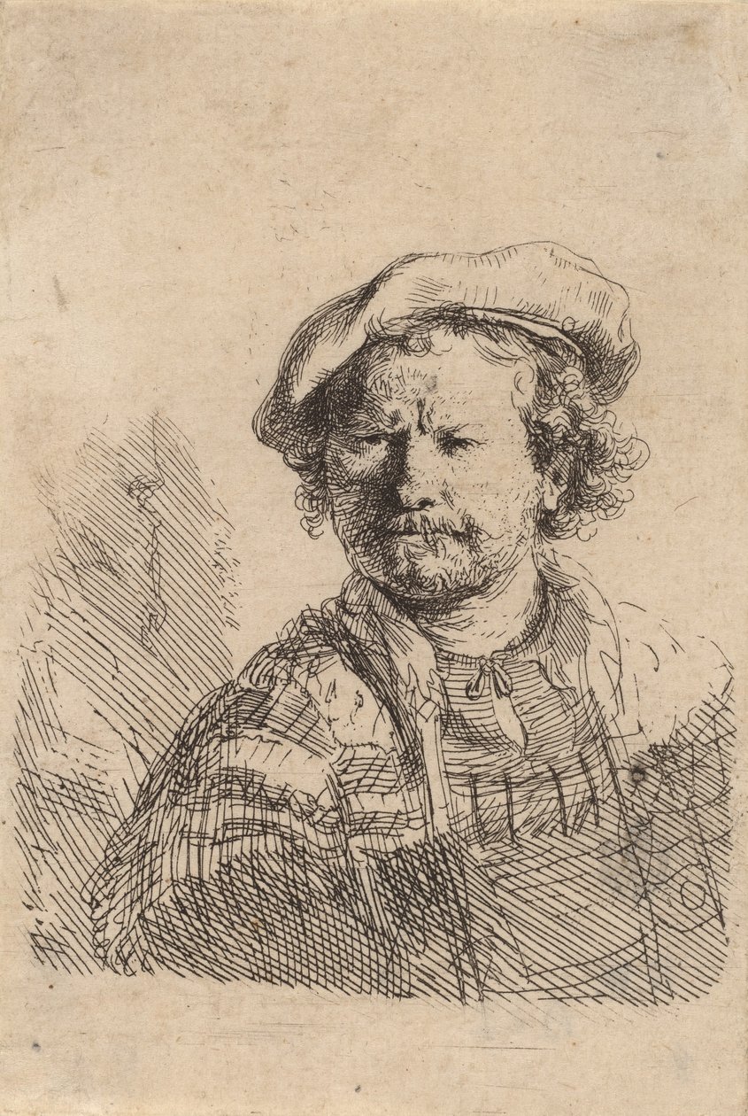 Självporträtt i platt mössa och broderad klänning, ca. 1642. av Rembrandt van Rijn