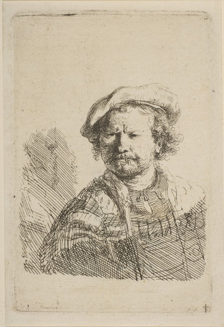 Självporträtt i platt mössa och broderad klänning, ca. 1642. av Rembrandt van Rijn