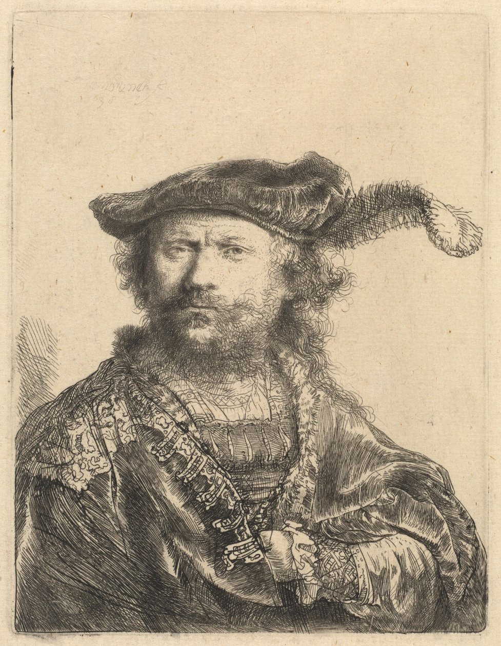 Självporträtt i sammetsmössa med plym av Rembrandt van Rijn