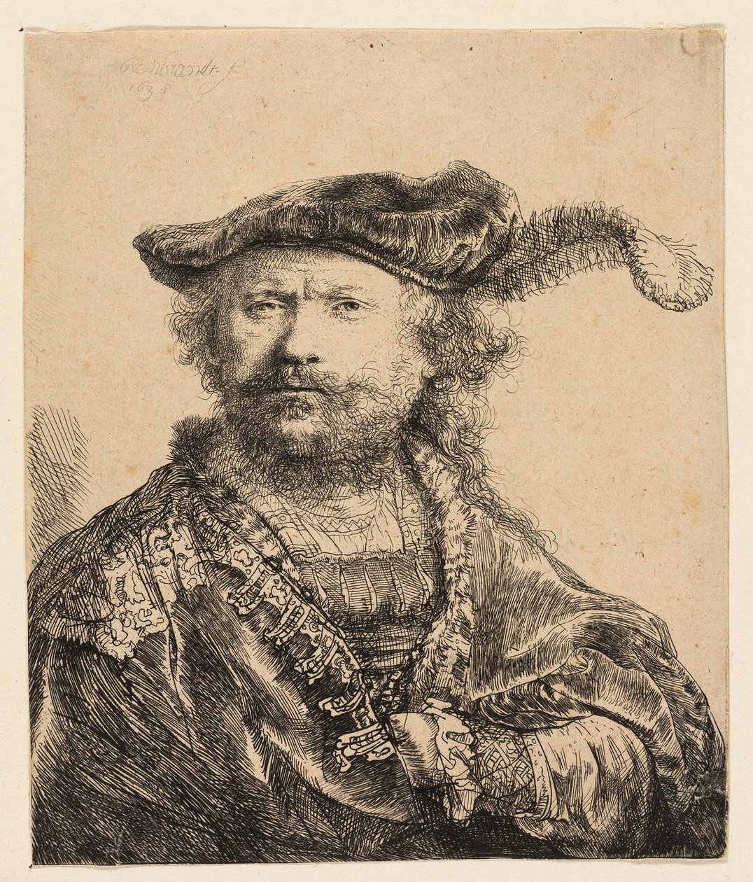 Självporträtt i sammetsmössa med plym av Rembrandt van Rijn