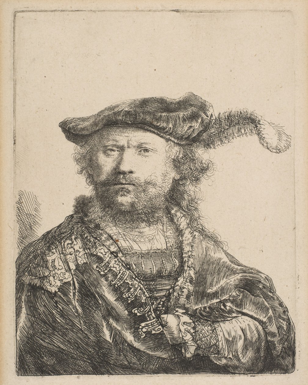 Självporträtt i sammetsmössa med plym, 1638. av Rembrandt van Rijn