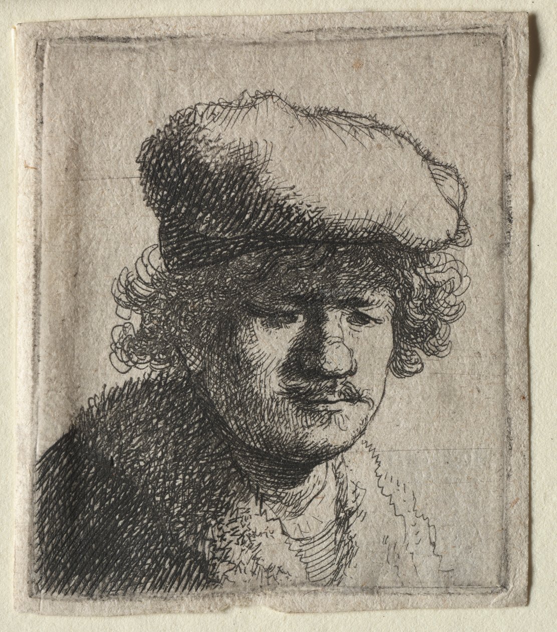 Självporträtt med locket framdraget av Rembrandt van Rijn