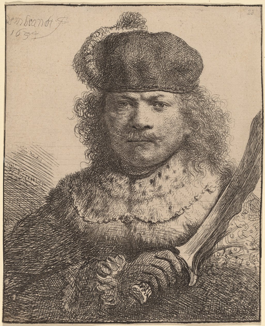 Självporträtt med upphöjd sabel av Rembrandt van Rijn