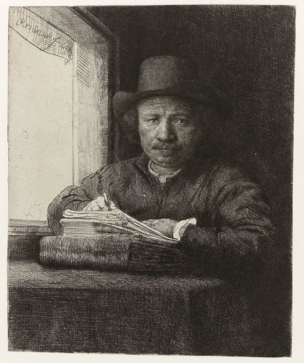 Självporträtt, Etsning vid ett fönster Självporträtt etsning vid ett fönster av Rembrandt van Rijn