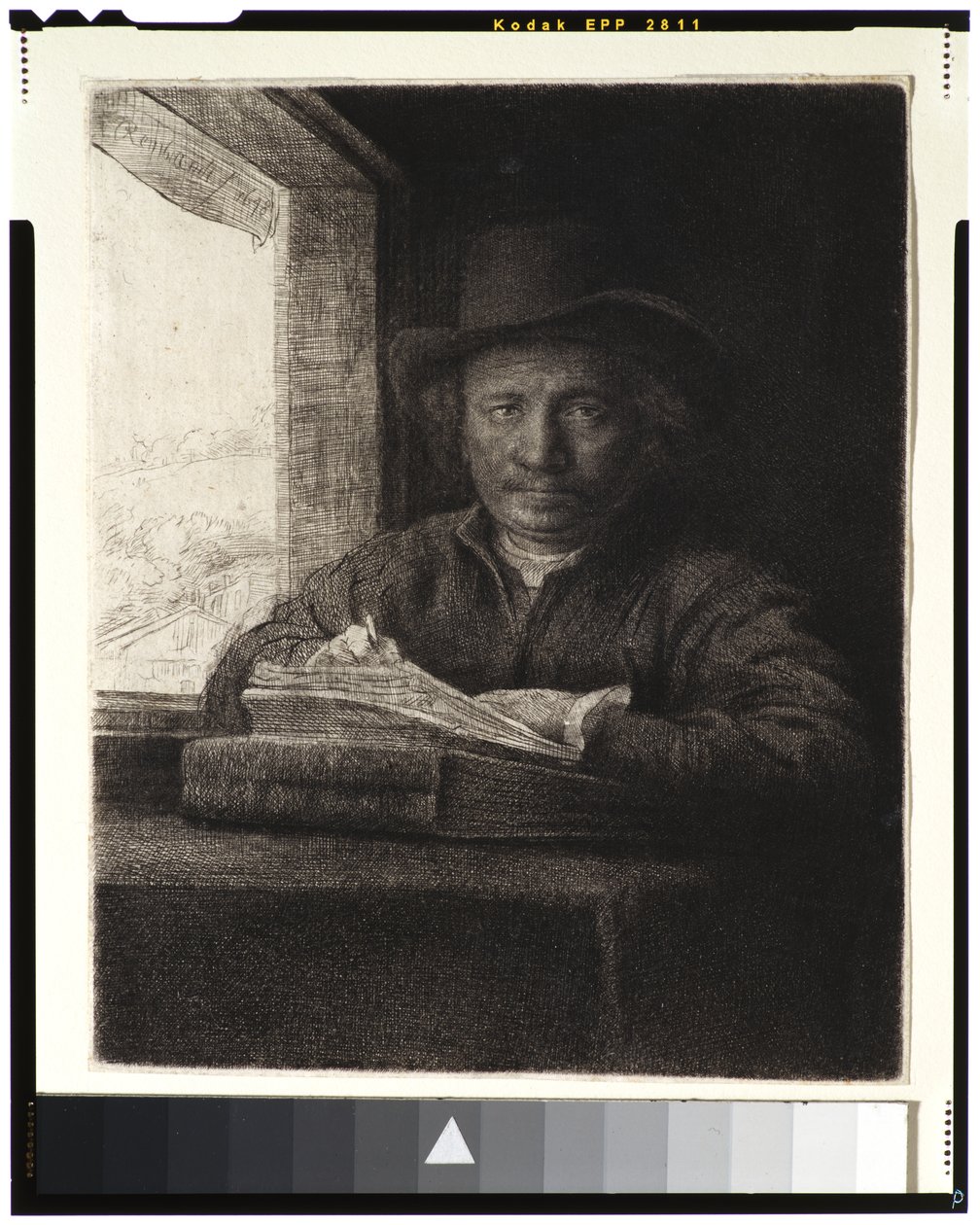 Självporträtt, Etsning vid ett fönster, 1648 (etsning och gravering på lagt papper) av Rembrandt van Rijn
