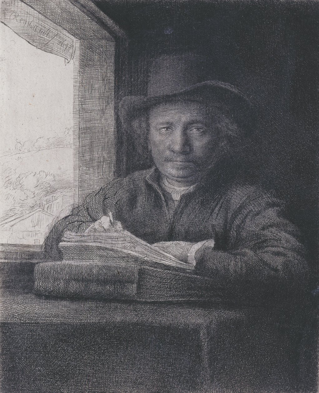 Självporträtt, Etsning vid ett fönster, 1648 (etsning och gravering på lagt papper) av Rembrandt van Rijn